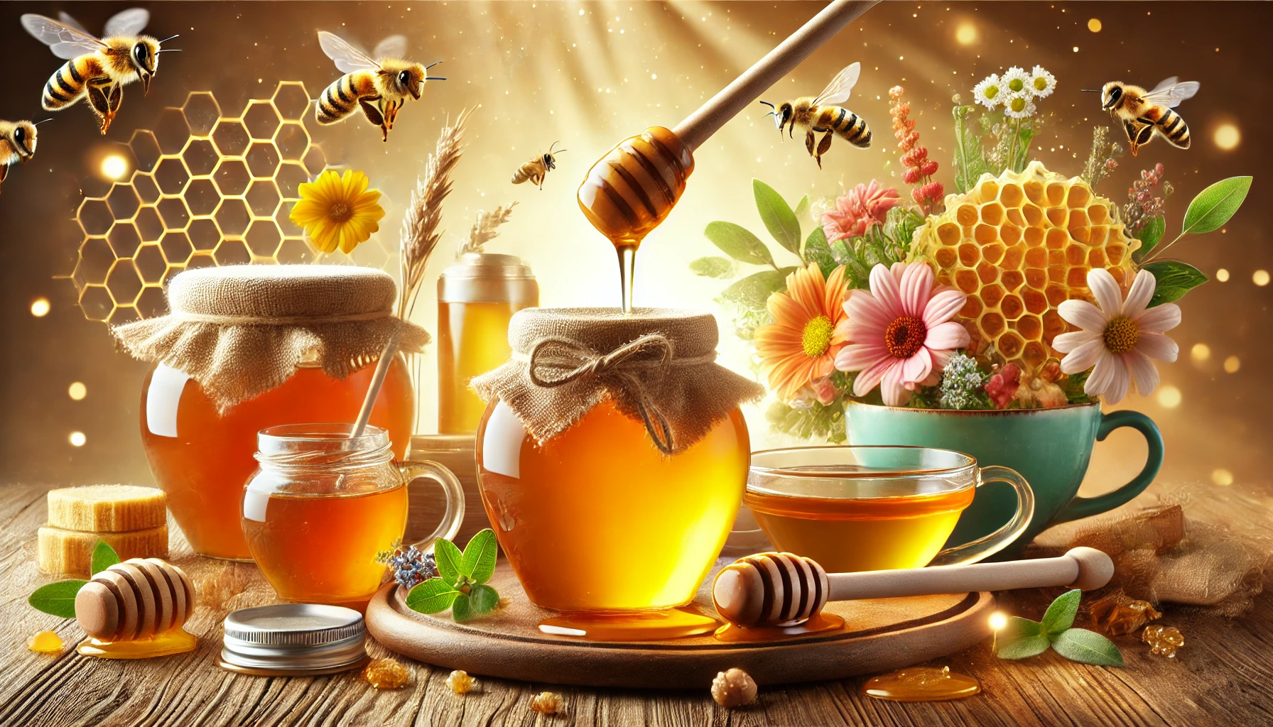 A high-quality 16x9 image showing the benefits of honey. In the foreground, there is a jar of golden honey with a wooden dipper drizzling honey over a