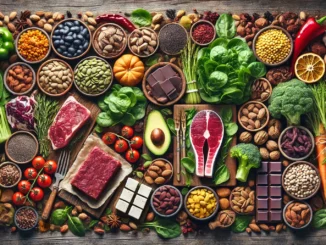 A variety of colorful iron-rich foods including spinach, lean meat, and beans.